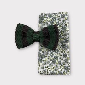 Men’s Green Striped Knit Bow Tie & Floral Pocket Square Set